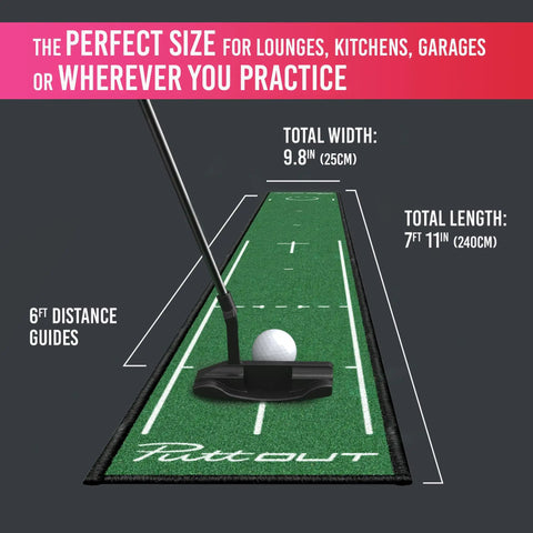 Slim Home Putting Mat For Fast Smooth Roll And Lower Scores, 7.9ft By 0.82ft Green, Rubber Backed Nylon Surface with putter.