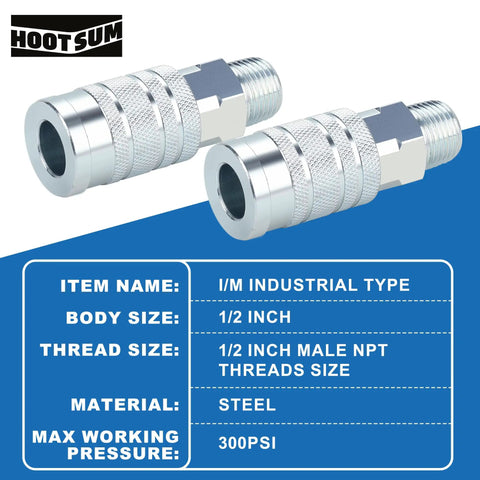 Half Inch Air Hose Fittings Set With Industrial IM Couplers And Plugs, Steel Build, 300 PSI, 1/2 inch male NPT threads, close-up view