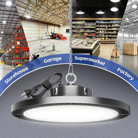 LED High Bay Light 200W 28000lm 5000K UFO Shop Light with Plug and Play 5ft Cable and Hook Ring for Garage Gym Warehouse Workshop