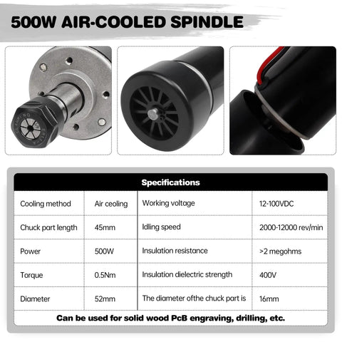 Beefy 500W Spindle Motor For CNC Router, Air Cooled ER11, 12-100VDC, 0.5NM Torque, 12000RPM, 52mm Shaft overview image