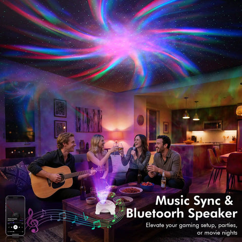 Living room with Star Projector 4 in 1 Aurora Night Light With Bluetooth Speaker, White Noise, Dual Projection Lenses, party lighting.