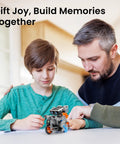 Father and child building with Solar Robot Building Kit For Kids 8-13 DIY STEM Toy, focus on robot model on table.