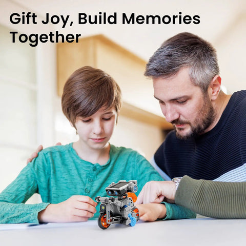Father and child building with Solar Robot Building Kit For Kids 8-13 DIY STEM Toy, focus on robot model on table.