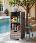 Outdoor Pool Towel Rack And Rattan Wicker Storage Cabinet Shed With Shelves And Drawer Waterproof Patio Organizer in brown by a pool