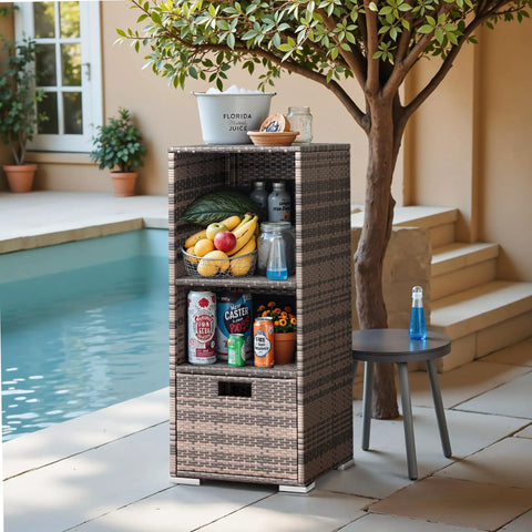Outdoor Pool Towel Rack And Rattan Wicker Storage Cabinet Shed With Shelves And Drawer Waterproof Patio Organizer in brown by a pool