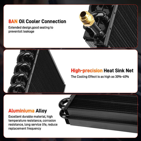 Heavy Duty 16 Pass Aluminum Transmission Oil Cooler Kit With One Half Inch Universal Lines 16 Row Tube Fin Aftercooler showcases 8AN connector, heat sink net, and aluminum alloy.