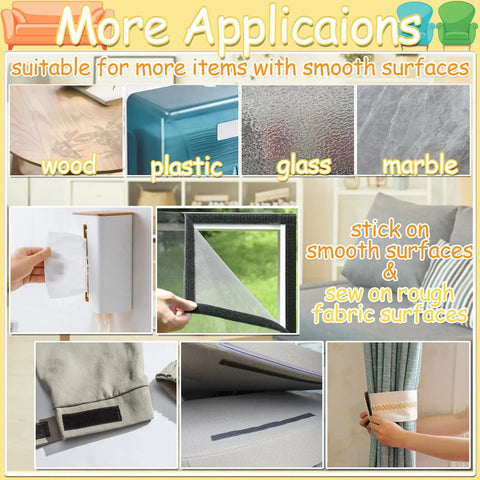 Collage showing 6 Inch Wide Couch Cushion Non Slip Pads With 9.84 Ft Adhesive Hook And Loop Tape for use on various surfaces like wood, plastic, glass, and marble.