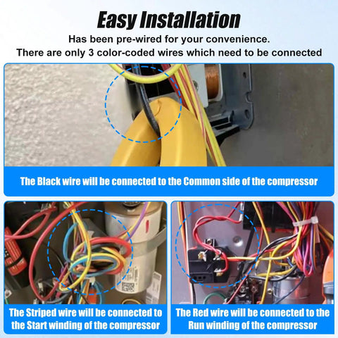 Easy installation of Hard Start Kit For 3.5 To 5 Ton Air Conditioners, Fast And Reliable Compressor Startup, image shows wiring details