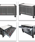 Extra Big Heavy Duty Beefy Rolling Tool Cabinet With Stainless Steel Workbench Top Includes 929 Piece Professional Socket Wrench Set seen from multiple angles.