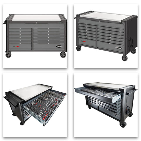 Extra Big Heavy Duty Beefy Rolling Tool Cabinet With Stainless Steel Workbench Top Includes 929 Piece Professional Socket Wrench Set seen from multiple angles.