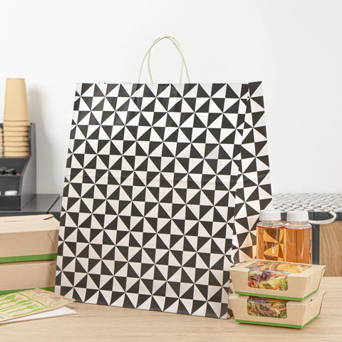 Vogue Tear-Resistant White Gift Bags With Built-In Handles, 100 Count, Paper Retail Bags With Black Print, Food Safe, Recyclable