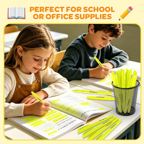 Children using Bulk 48 Pack Yellow Highlighters With Chisel Tip And Quick Dry Ink No Bleed Through For Studying Notes in classroom