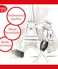 Illustration of a woman with Eiffel Tower, highlighting features: Professional Quality, Blend Beautifully, Break Resistant by Pepy.