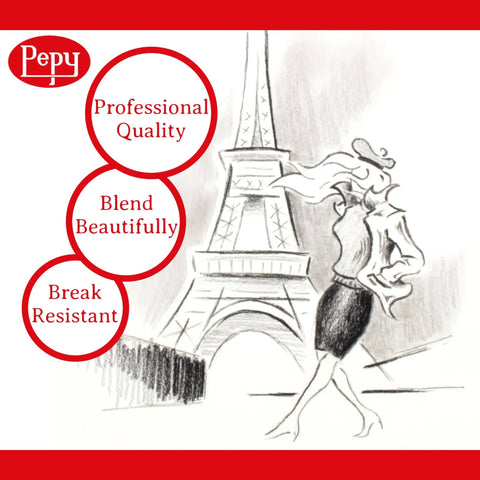 Illustration of a woman with Eiffel Tower, highlighting features: Professional Quality, Blend Beautifully, Break Resistant by Pepy.