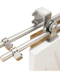 Close-up of 8 Foot Brushed Stainless Steel Bypass Sliding Barn Door Hardware Kit showing top mount system and heavy duty rollers.
