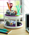 Two-tier Non Skid Pantry Cabinet Lazy Susan Turntable 12 Inch White Purple on desk, holding office supplies in jars.