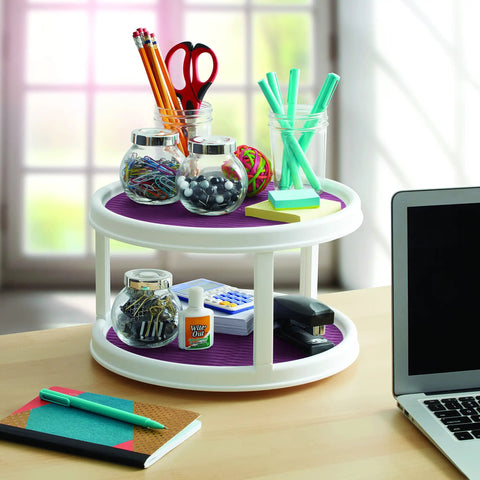 Two-tier Non Skid Pantry Cabinet Lazy Susan Turntable 12 Inch White Purple on desk, holding office supplies in jars.