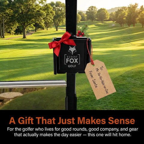 Hands Free Golf Phone Caddy With Adjustable Strap Secure Cart Phone Holder on a golf cart with gift tag and bow