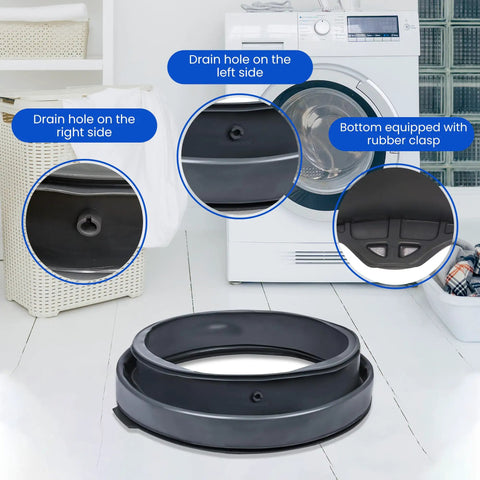 Front Load Washer Door Gasket Replacement Seal for Leaking Machines Fits Various Front Loading Washers and Models WH08X23479 Compatible Gasket shown with drain holes and rubber clasp