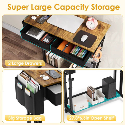 Rolling Height Adjustable Standing Desk On Wheels With Two Fabric Drawers and Storage Shelf Side Pocket