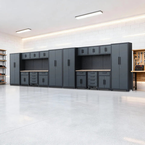 Heavy Duty Steel Garage Storage Cabinet Setup 18PC Modular Workshop Rig featuring cabinets, drawers, and workbench.