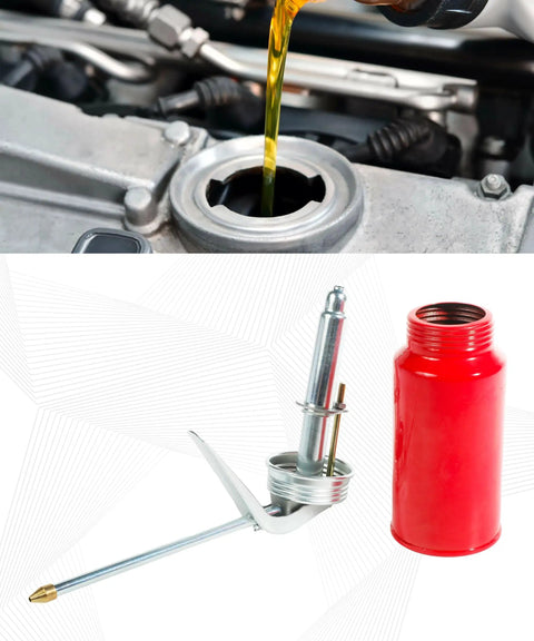 Heavy Duty Rust Free Steel Oil Pump Gun With Smooth Twist Spout Hassle Free Bottle for quick engine lubing on cars and trucks.
