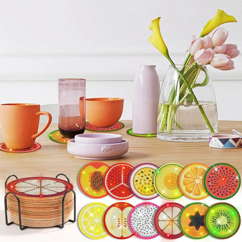Diamond Art Coaster Kit With Holder, 12 Piece DIY Diamond Dot Coasters For Adults And Newbies displayed on a table with flowers