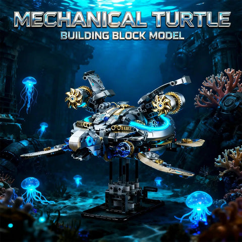Mechanical Turtle Building Block With Hand Crank And Optional Motor Dual Drive Gear Motion For Adults Teens And Model Enthusiasts Dope Steampunk Educational Construction Set, underwater view
