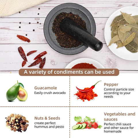 Image of a Durable Granite Mortar And Pestle Set With Wood Base For Grindin Herbs And Spices, on table with spices.