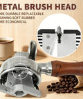 Smooth Operator Automatic Espresso Portafilter Cleaner And Quiet Knock Box Replacement For 58mm Machines showing metal brush head and wooden handle.