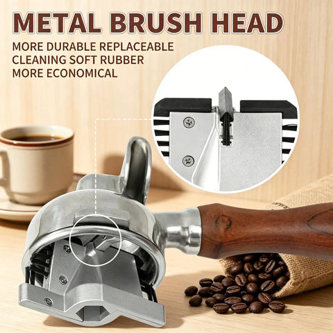 Smooth Operator Automatic Espresso Portafilter Cleaner And Quiet Knock Box Replacement For 58mm Machines showing metal brush head and wooden handle.