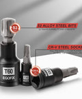 Professional Grade 25 Piece Torx Bit And Socket Set showing S2 steel bits and CR-V steel sockets for durability.