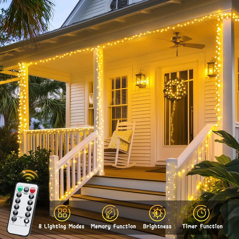 Two Pack Outdoor String Lights Battery Operated, 66 Ft Total, 200 LED Fairy Lights With Remote on a porch at night