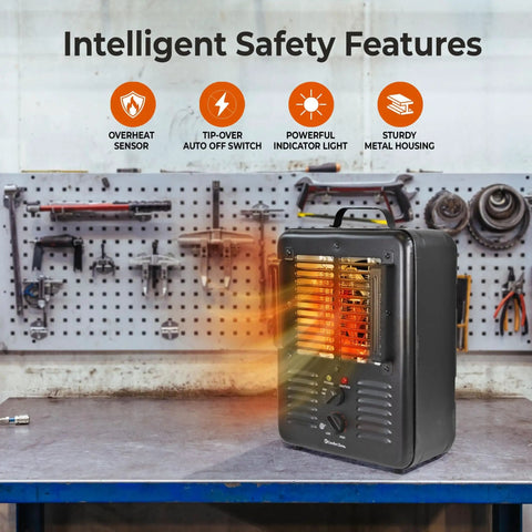Milkhouse Style 1500W Utility Space Heater for garage with metal housing, fan, thermostat, in a workshop on a table.