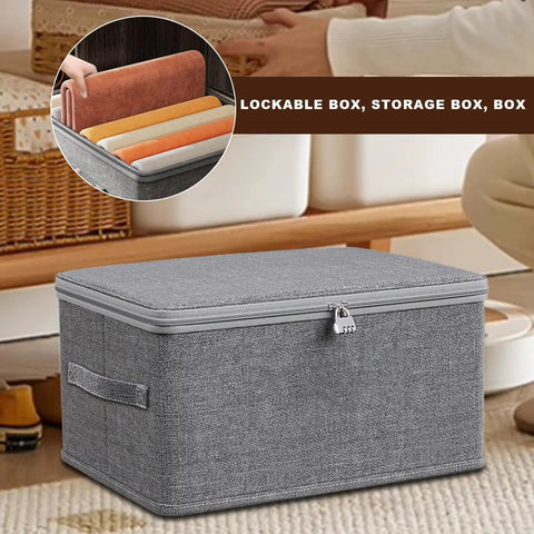 Slick Fabric Storage Bin With Combination Lock Waterproof Foldable Wardrobe Organizer Keeps Your Essentials Safe Collapsible Drawer Tote with items inside.