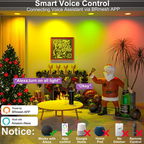 Smart RGBCW Recessed Lighting Kit 4 Inch 12W LED Downlights With Junction Box, 1080 Lumen Color Changing Ceiling Light, Alexa Compatible, Bluetooth Dimmable, Easy Setup 12 Pack showcased in a festive room with voice control and smart home devices.