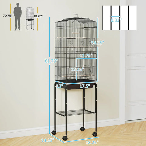 Heavy Duty Sixty Inch Metal Bird Cage With Easy Rolling Stand And Handy Storage Basket For Small Parrots Budgies Plus Full Pet Start Kit Accessories Ready To Treat Your Feathered Crew Black Indoor Flight Habitat