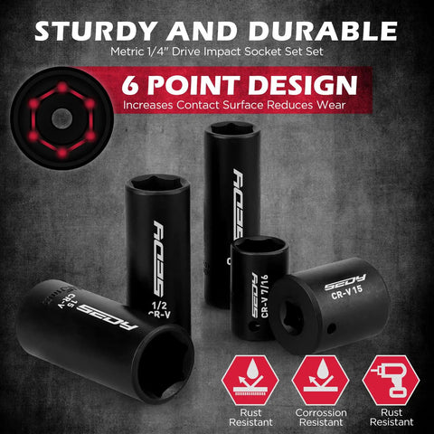 Pro Grade 63 Piece Metric Socket Set And Nut Driver Kit showing five black 6-point metric sockets with rust resistance icons.