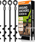 Beefy Heavy Duty Screw In Ground Anchors For Trampolines And Tents, Quick Install Stakes, anti rust black with T-wrench and drill socket