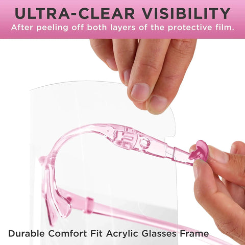 Hands peeling film from lens of pink frame Pack Of 4 Pink Frame Face Shields With Ultra Clear Full Face Protection, Anti Fog PET Plastic Goggles.