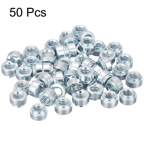 Workhorse Self Clinching Rivet Nuts One Quarter Twenty By Point Two Two Inch Carbon Steel With Durable Zinc Plating Round Head Sheet Metal Fastener Fifty Piece Kit, showing a diverse arrangement of zinc-plated rivet nuts.