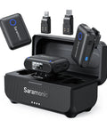 2-Person Wireless Lavalier Microphone System For iPhone, Cam, And Android With 40 Hour Battery Life shown with charging case