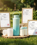 Portable Breast Milk Chiller With Two Bottles Insulated 22 Oz Cooler, cooling bottles and reports displayed outdoors.