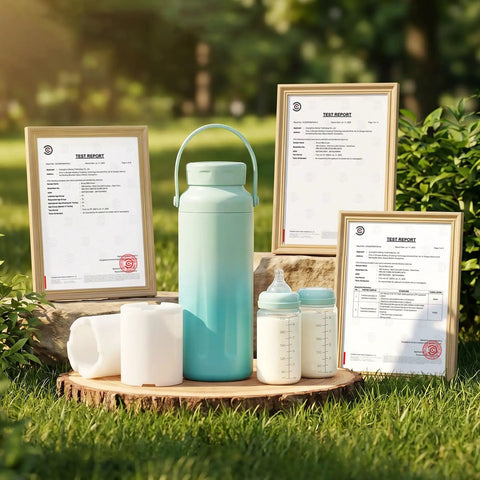 Portable Breast Milk Chiller With Two Bottles Insulated 22 Oz Cooler, cooling bottles and reports displayed outdoors.