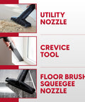 Heavy-Duty 8-Gallon Stainless Steel Wet/Dry Vacuum With Boss-Level Suction attachments: utility nozzle, crevice tool, floor brush.