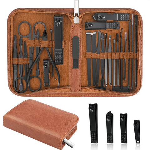 Pro Grade 26 Piece Manicure Set With Stainless Steel Nail Clippers And Multifunction Tools In Brown Travel Case