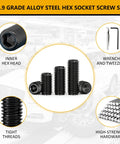 Beefy 1214-Piece Metric And SAE Set Screw Kit With 12.9 Grade Alloy Steel internal hex drive grub screws, hex wrenches, and tweezers