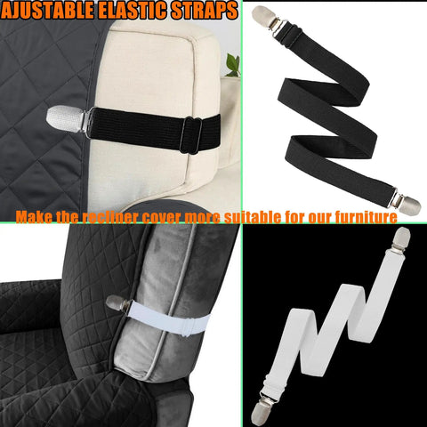 Premium Adjustable Elastic Strap Holders For Recliner Sofa Couch And Loveseat Slipcovers in black and white to secure fabric covers.