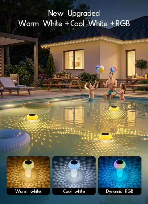 Floating Pool Lights With Connectable LED String Lights illuminating a backyard pool, 38 Foot Waterproof Outdoor Lighting Kit.