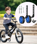 Child riding a bike with Bicycle Training Wheel Kit with Heavy Duty Support Bracket and Adjustable Wheel Design.